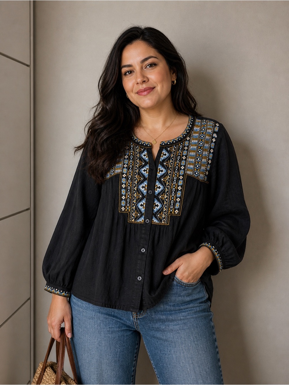 J Jill Embroidered Black Button-Front Women's Top XL